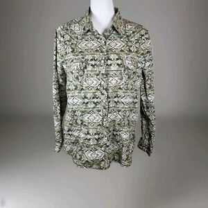Panhandle Aztec Western Pearl Snap Shirt Size L Green Long Sleeve Rodeo Ranch